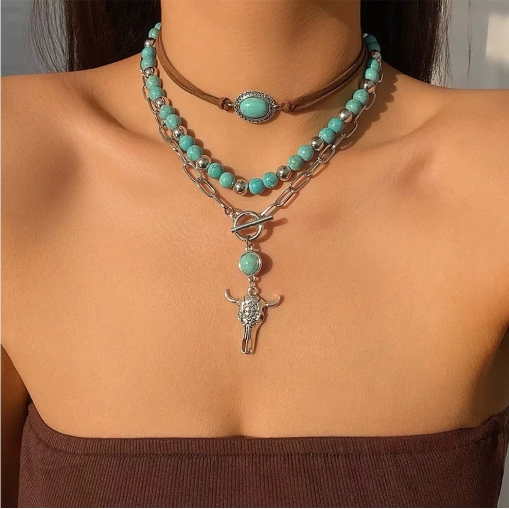 Turquoise Beaded Layered Necklace Set — Women Jewelry - Picture 1 of 2